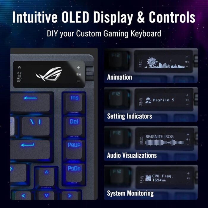 Asus Rog Azoth 75% Wireless DIY Custom Gaming Keyboard, OLED Display, Three-Layer Dampening, Hot-Swappable ROG NX Red Switches & Keyboard Stabilizers, PBT Keycaps, RGB, Black - Image 3