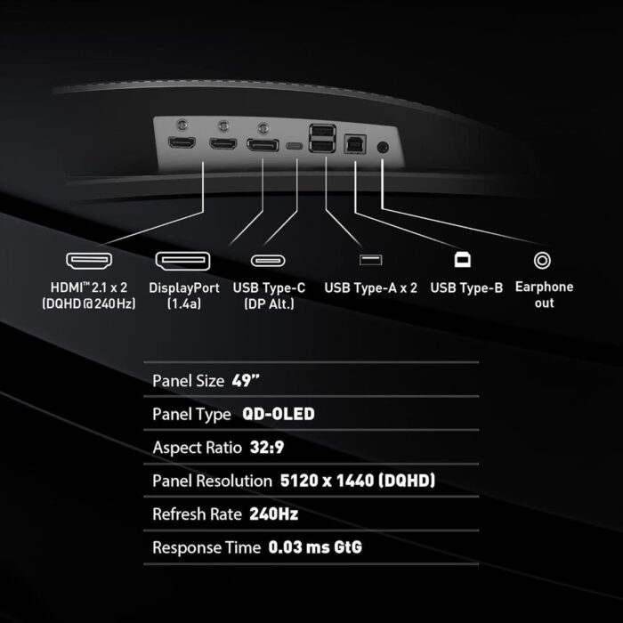 MSI MPG 491CQPX QD-OLED 49-inch QD-OLED 5120 x 1440 (DQHD) Curved Computer Gaming Monitor, 240Hz, Adaptive-Sync, HDMI, Display Port, VGA Port, VESA Mountable, Tilt, Height Adjustable, Speaker, 0.03ms, Black - Image 6