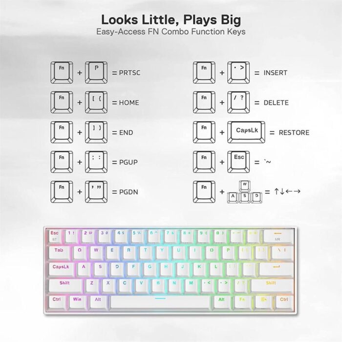 Redragon Draconic K530 Pro RGB Wireless 60% Compact Mechanical Gaming Keyboard - White - Tactile Brown Switches - Image 3