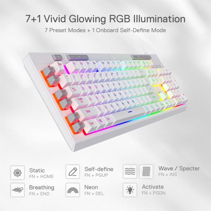 Redragon K512 Shiva RGB Backlit Membrane Gaming Keyboard with Multimedia Keys, Linear Mechanical-Feel Switch, 6 Extra On-Board Macro Keys, Dedicated Media Control, Detachable Wrist Rest, White - Image 6