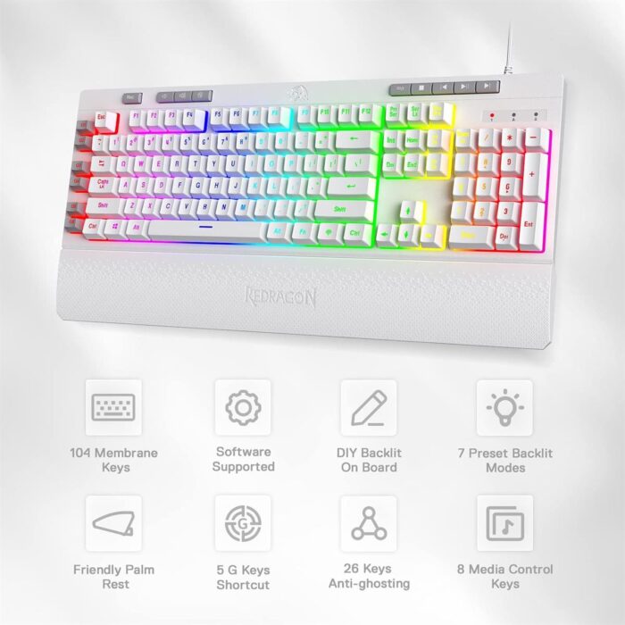 Redragon K512 Shiva RGB Backlit Membrane Gaming Keyboard with Multimedia Keys, Linear Mechanical-Feel Switch, 6 Extra On-Board Macro Keys, Dedicated Media Control, Detachable Wrist Rest, White - Image 5