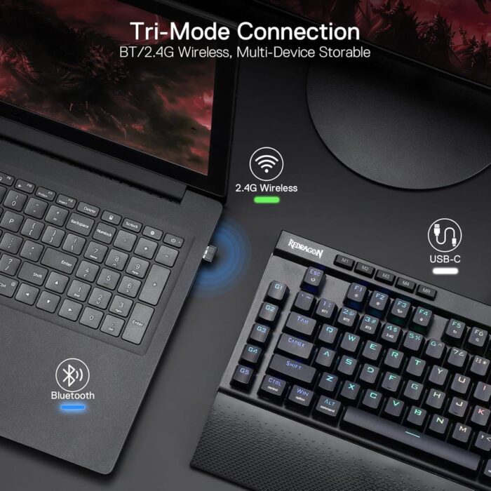 Redragon K587 Magic-Wand Pro TKL RGB 3-Mode Wireless Mechanical 87 Keys Gaming Keyboard, 9 Dedicated Macro Keys, Media Control w/Detachable Wrist Rest, Hot-Swap Linear Red Switches - Image 2