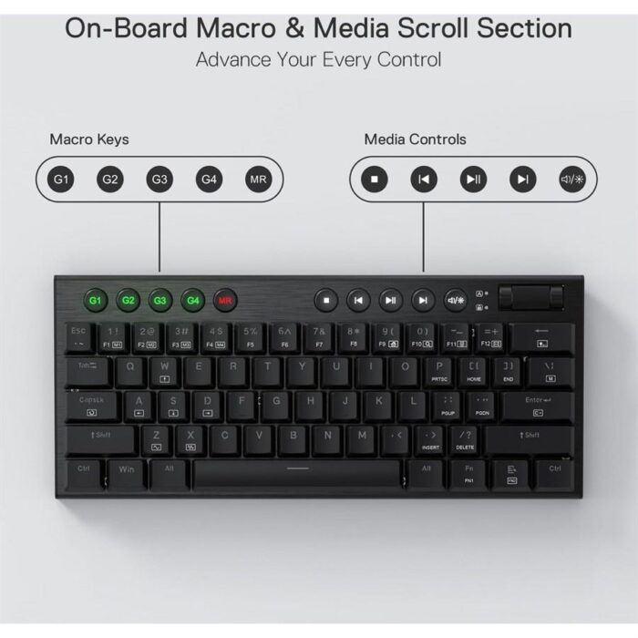 Redragon K632 Horus Mini Pro Wireless RGB Mechanical Gaming Keyboard, 5.0 BT/2.4 GHz/Wired Three Modes 60% Ultra-Thin Low Profile BT Keyboard w/Dedicated Media Control & Linear Red Switches, Black - Image 3