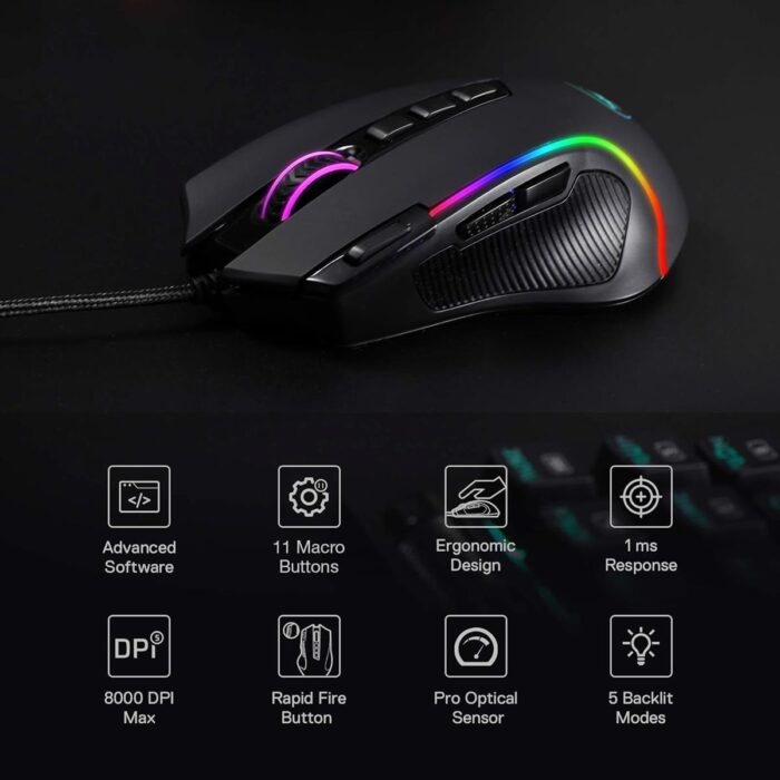 Redragon M612 Predator RGB Gaming Mouse, 8000 DPI Wired Optical Mouse with 11 Programmable Buttons & 5 Backlit Modes, Software Supports DIY Keybinds Rapid Fire Button, Black - Image 4