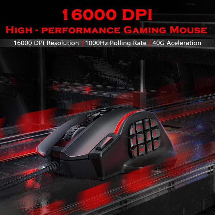 Redragon M901-K-2 Perdition 4 Wired Gaming Mouse, MMO Gaming Mouse UP 16,000 DPI, 16 Macro Programmable Buttons, RGB Gaming Mouse with 12 Side Buttons, 8x 2.4g Weight Tuning for PC Laptop MOBA FPS, Black - Image 4
