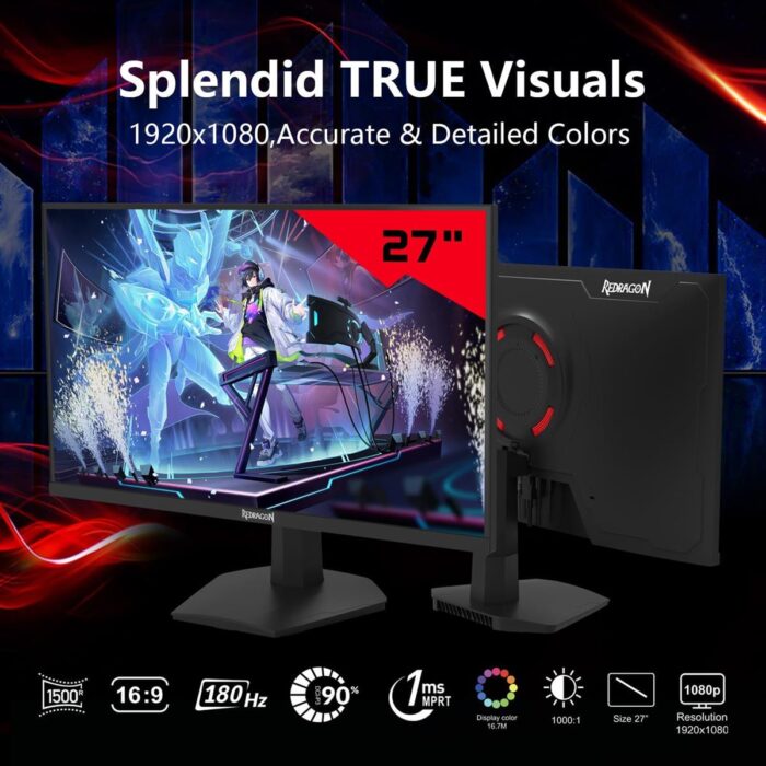 Redragon Mirror GM27X5IPS 27-inch FHD (1920x1080) Gaming Monitor, 180Hz Refresh Rate, 1ms MPRT, IPS Panel with AMD FreeSync, Blur-Free Gaming with Vibrant Colors and Wide Viewing Angles - Black & Red - Image 3