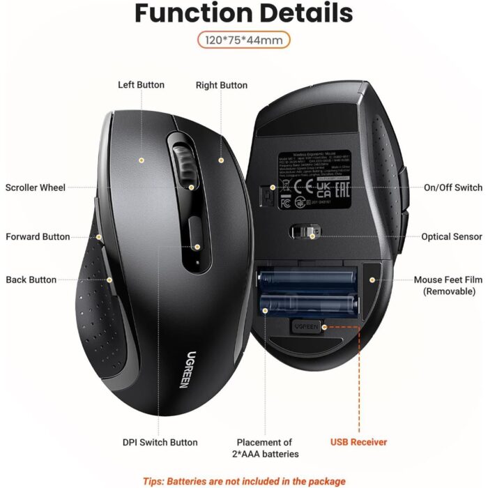 Ugreen 2.4G Wireless Mouse for Laptop, 1600 DPI Optical Tracking, 12-Month Battery Life, 6 Buttons, 15M Range 3 Adjustable DPI Levels Ergonomic Mouse Compatible with PC MacBook Chromebook - Image 2