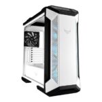 ASUS TUF Gaming GT501 case supports up to EATX with metal front panel, tempered-glass side panel, 120 mm RGB fan, 140 mm PWM fan, radiator space reserved, and USB 3.1 Gen 1 White